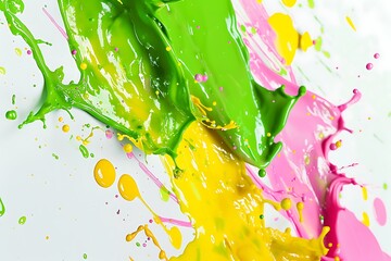 Vibrant splashes of green, yellow, and pink on a solid white backdrop.