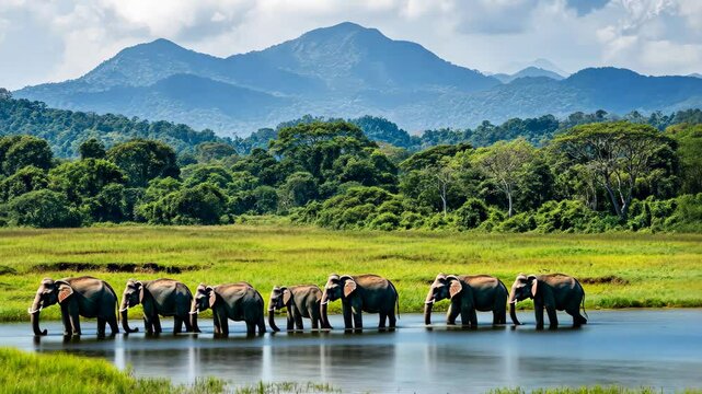 Herd of elephants bathing in a serene waterhole amidst lush landscapes in Sri Lanka wildlife reserve, Herd of elephants in Sri Lanka wildlife reserve of Pinnawala park