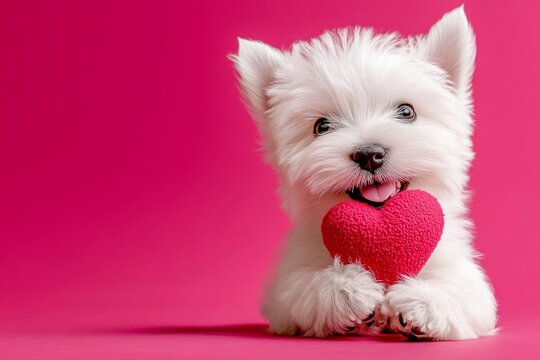 Cute west highland white terrier canine with diamond red heart - sign of love, funny greeting card. West highland white terrier - my beloved dog. Promotion visual design. Adorable puppies.