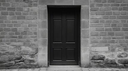 Black door in a stone brick wall.