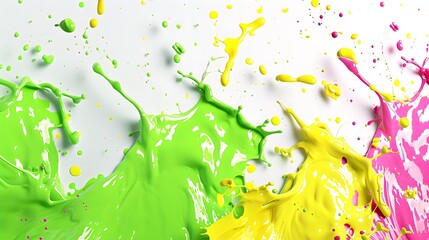Vibrant splashes of green, yellow, and pink on a solid white backdrop.
