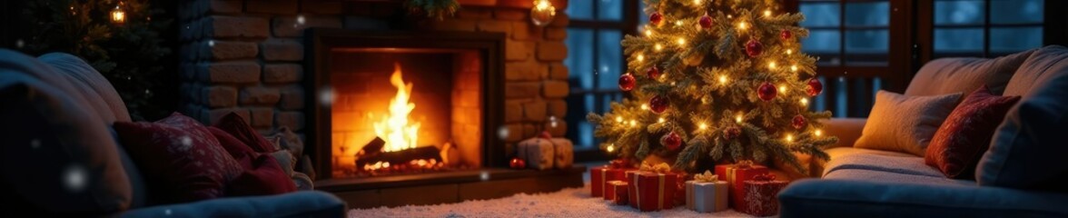 Softly glowing Christmas tree in front of a cozy cabin fireplace, snowflakes, holiday ambiance, cabin christmas