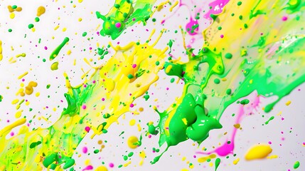 Vibrant splashes of green, yellow, and pink on a solid white backdrop.