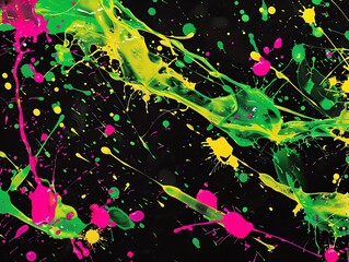 Vibrant splashes of green, yellow, and pink on a solid black backdrop.