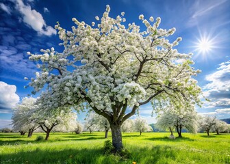 Naklejka premium Panoramic Spring Blossom: White Apple Tree Flowers in Full Bloom