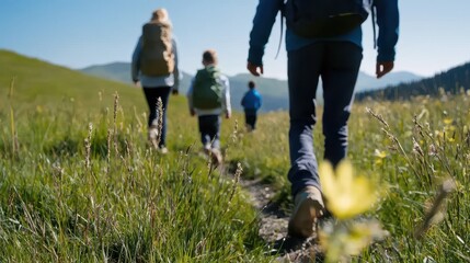 Obraz premium Family Hiking Together on Scenic Trail Surrounded by Nature