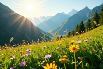 Fototapeta premium Sunlight warms the grass and flowers in a mountain meadow, sunlight, grass