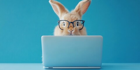 Cute bunny with glasses and laptop on blue background, Ai Generated
