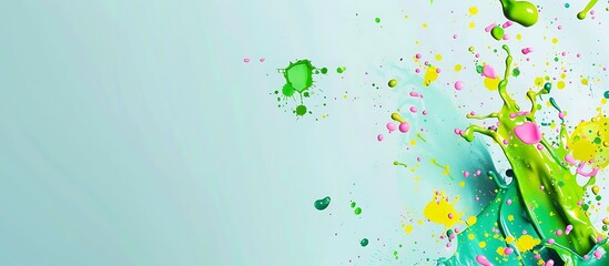 Vibrant splashes of green, yellow, and pink on a solid pale blue backdrop.