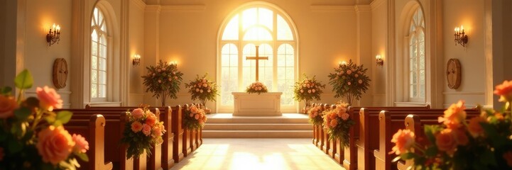 Sunlit funeral chapel with candelabras and flower arrangements, candles, funeral chapel, cream