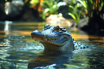 Fototapeta premium Young Alligator Partially Submerged In Water