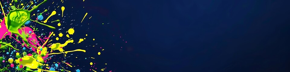Vibrant splashes of green, yellow, and pink on a solid navy blue background.
