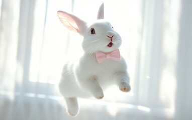 Leaping bunny, pink bow tie, window background, Easter card