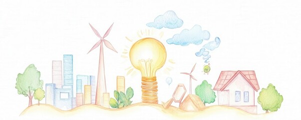 A colorful illustration depicting sustainable energy and nature.