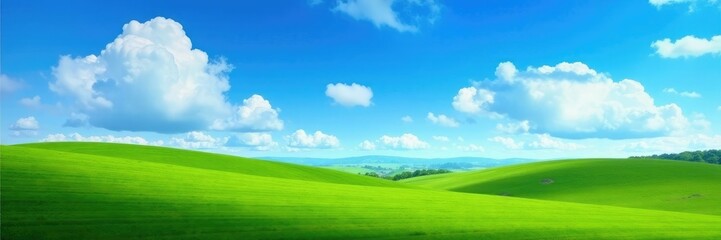 Fototapeta premium A bright blue sky with fluffy white clouds stretches above a rolling hills landscape, sky, nature, blue