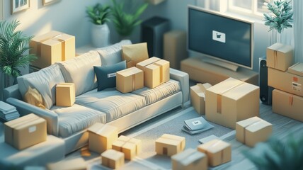 Cardboard boxes in living room, relocation, moving day concept.