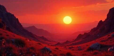 Naklejka premium A bright orange sun rises over a crimson valley, red, natural