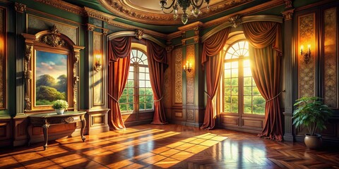 Obraz premium Panoramic View: Classical House Window with Elegant Curtains