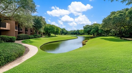 Lush Green Landscape with Serene Water and Bright Blue Sky