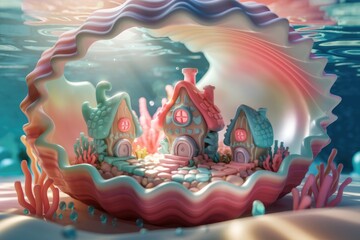 Enchanted underwater village nestled inside a giant iridescent seashell, whimsical and serene.