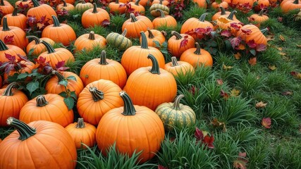 Pastel pumpkin patch with vibrant orange pumpkins surrounded by lush green grass and colorful fall leaves, autumnal colors, halloween decor