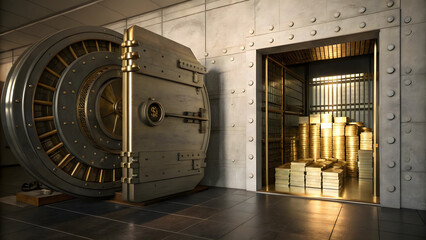Secure gold vault opening bank location high-definition image industrial environment close-up view wealth preservation