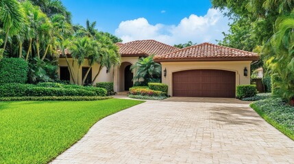 Obraz premium Beautiful Tropical House with Lush Landscaping and Paved Driveway