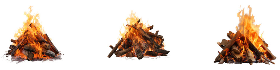 Campfire isolated on transparent background, PNG, set of