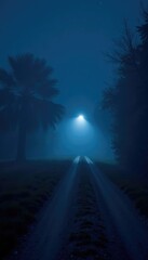 A lonely path is shrouded in a thick haze at night, hazy, isolated