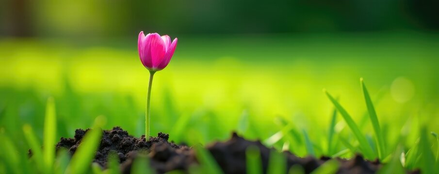 A lone tuberose flower bud pokes through the soil in a verdant grassland, stem, grass, garden