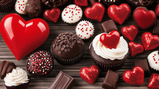 Sweet Surrender: A decadent arrangement of chocolate cupcakes, heart-shaped chocolates, and a large, glossy red heart.  Perfect for Valentine's Day or any romantic occasion. 