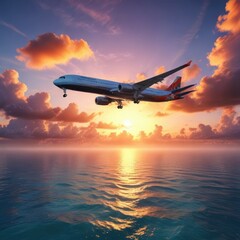 Plane flying above tropical sea with vibrant colors of the sky and clouds at sunrise, aerial view, serene atmosphere