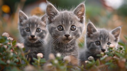 Three Adorable Grey Kittens in a Garden