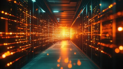 High-Tech Server Room with Glowing Network Equipment â€“ Cybersecurity, IT Infrastructure, and Data Management Concepts in Technology Stock. Business backgroung. High quality photo