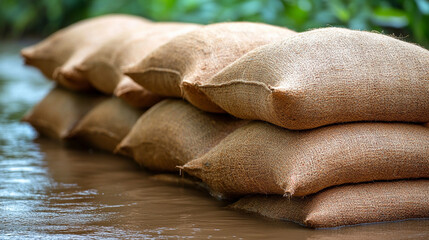 Sandbags lined along a riverbank representing flood resilience and water mitigation efforts in a modern, minimalistic scene with bright tones and empty caption space

