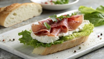 Prosciutto-wrapped cream cheese on soft white bread topped with lettuce leaves, layered sandwich filling, sandwich with a twist, fresh greens, crunchy prosciutto