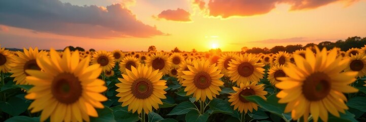 Fototapeta premium A sea of yellow and orange sunflowers stretch towards the sky at sunset, natural light, , colorful flowers