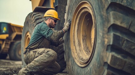 A focused image of a mechanic repairing heavy equipment at a mining site, Mining equipment repair scene, Practical and rugged style