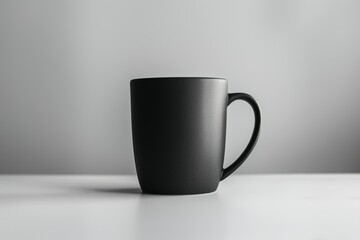 Obraz premium Minimalist black coffee mug on white tabletop with neutral background