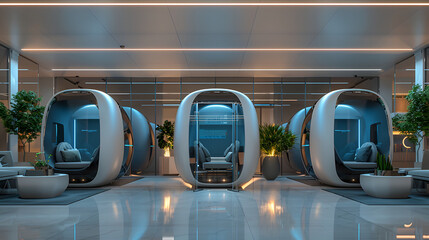 Modern futuristic office with innovative pod chairs, High-tech workspace with relaxation pods and greenery