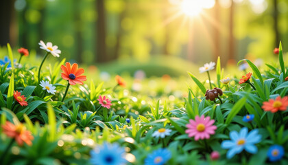 Vibrant flowers blooming in sunlight, essence of springtime freshness