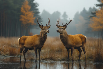 Fototapeta premium Two majestic red deer stags stand in a misty autumnal forest