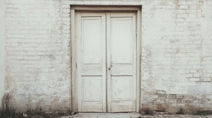 Fototapeta premium Old white double door in a weathered brick wall.