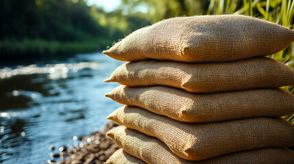 Sandbags lined along a riverbank representing flood resilience and water mitigation efforts in a modern, minimalistic scene with bright tones and empty caption space

