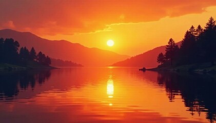 Obraz premium Warm orange light on lake water, with silhouetted trees and hills in the sky, orange, water, travis