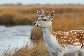 Obraz premium Young Fallow Deer Near Water In Autumn Meadow