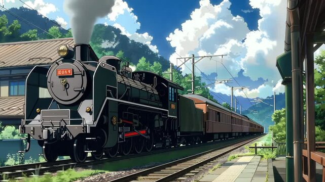 Anime scene steam train through lush landscape. A nostalgic steam train chugs along a winding track, its plume of smoke trailing through a breathtaking scenery of verdant hills, picturesque villages.