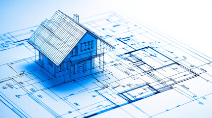 Blueprints to Reality:  A 3D sketch of a house sits atop a blueprint, envisioning the potential of home construction and architecture. It evokes a sense of design, detail and possibility.  