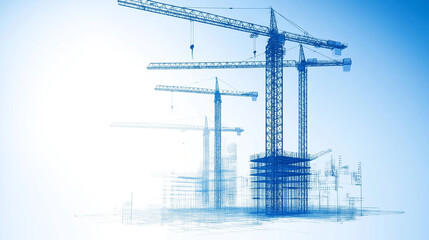 Construction Skyline: A cluster of towering construction cranes silhouette against a vibrant blue sky, signifying progress, development, and the ambition of modern architecture.