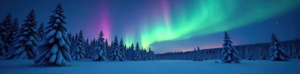 Flickering aurora borealis above frozen forest trees, aurora borealis, mystical